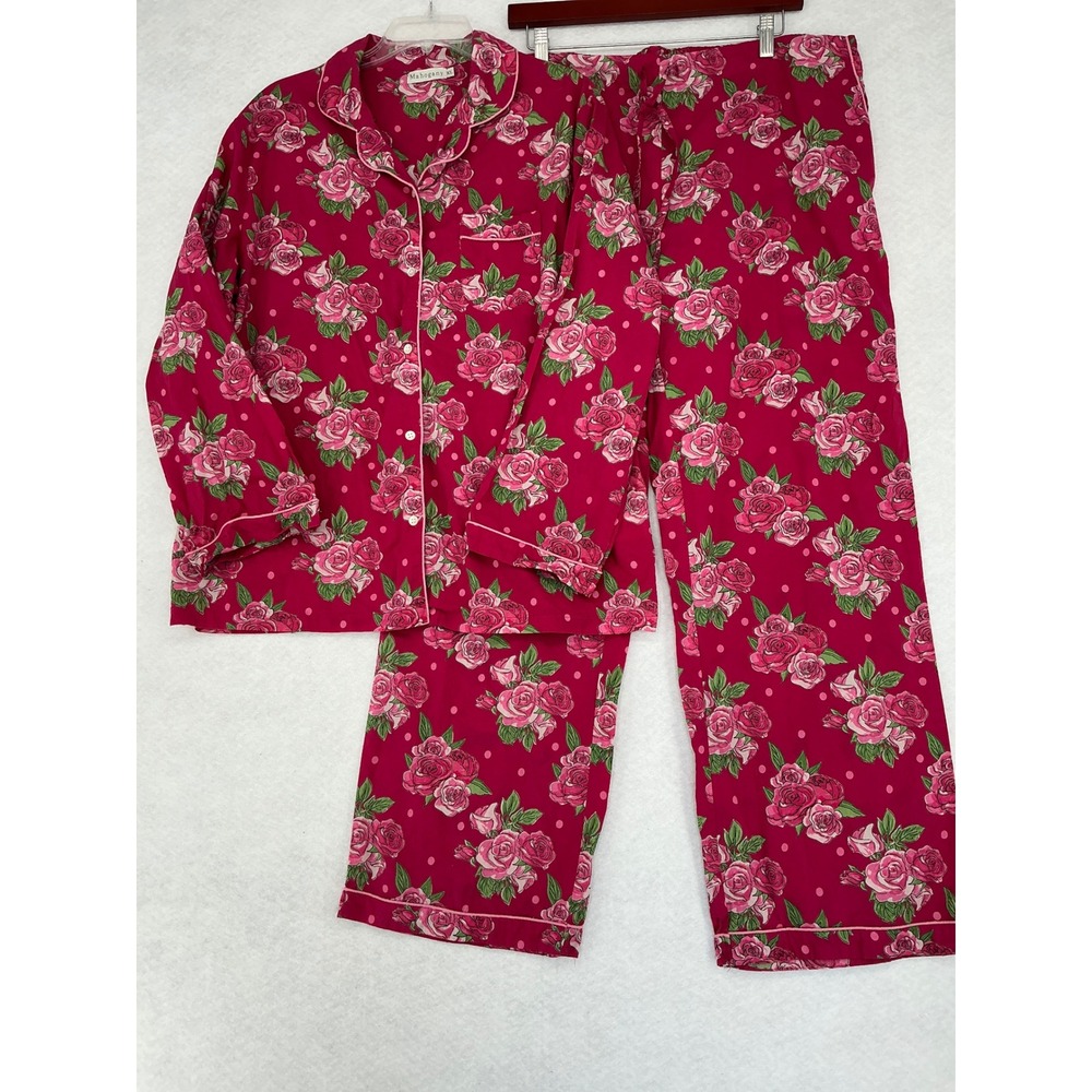 Mahogany Pajama Set Women XL Pink Floral Polka Dot 100% Cotton Long Sleeve Pants - Picture 2 of 12
